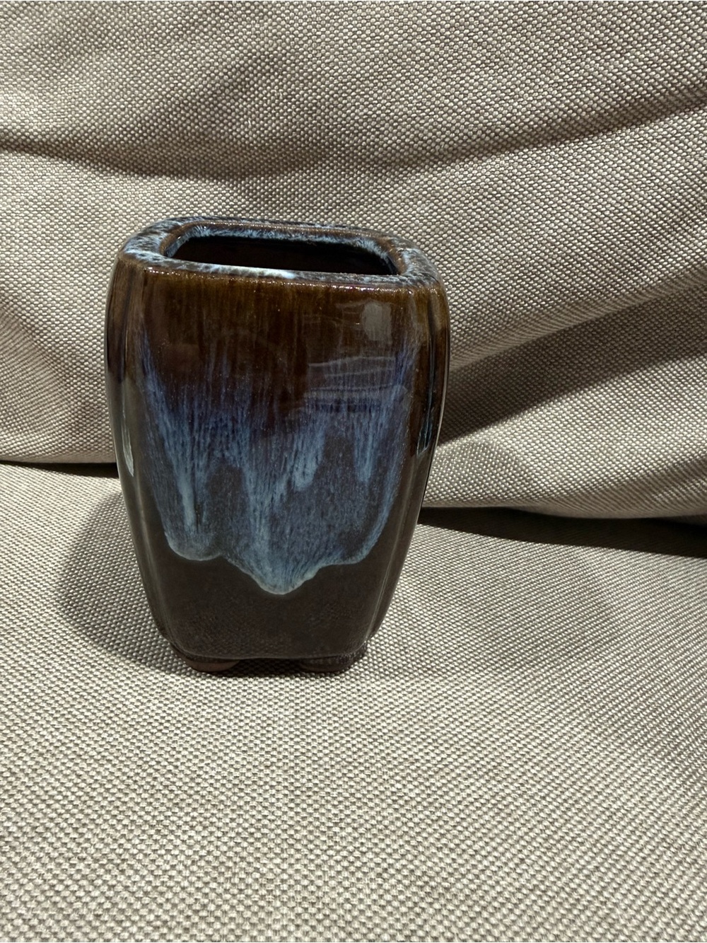 Vintage Brown Glazed Ceramic Vase with Blue Drip Accent